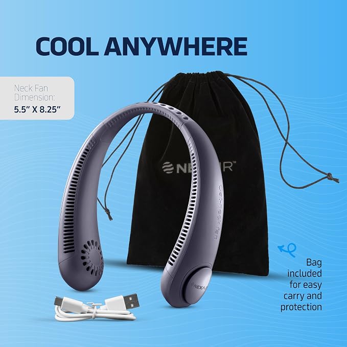 NEXAIR Portable Neck Fan Hands Free Cooling Bladeless Blue | Lightweight, 3 Speeds, 2400mAh Battery, 5H Runtime