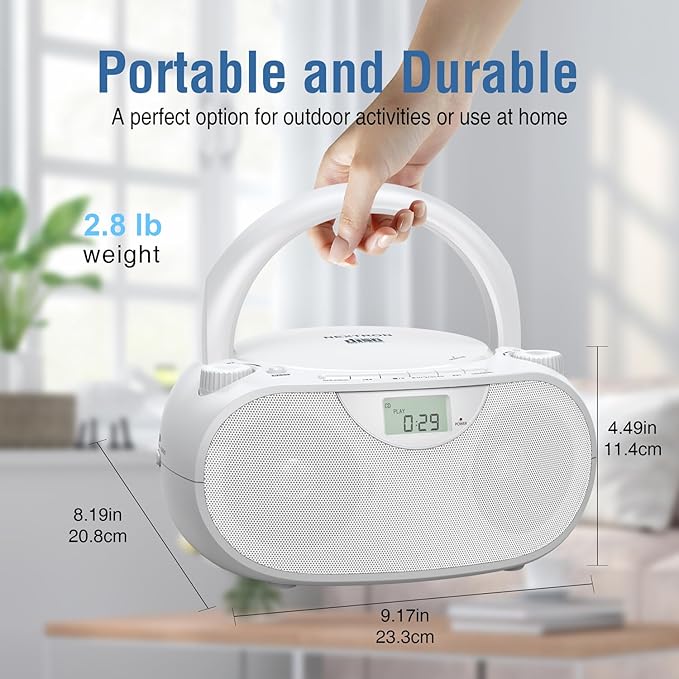 Nextron Portable CD Player Bluetooth Boombox with AM/FM Radio, USB, AUX-in, Headphone Jack, CD-R/RW & MP3-CD Compatible, Stereo Sound with Bass Boost, AC/Battery Operated – White