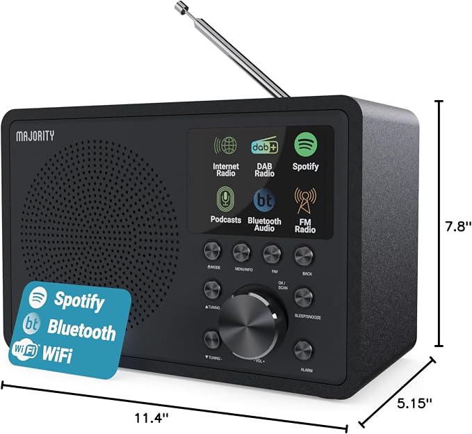 Internet Radio for Home with WiFi and FM | DSP Speaker Perfect for Bedroom, Kitchen, and Living Room Use | FM, Spotify Connect, Multi-Alarm, Frontier Oktiv App Control | Majority Touro