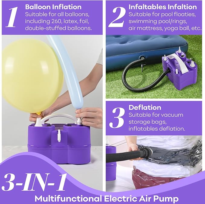 Togvu Electric Balloon Pump, 3-in-1 Portable Air Pump for Inflatables and Balloons, Dual Nozzle Balloon Blower Machine for Latex 260q Foil Balloons 110V Inflator Deflator for Pool Floats Air Mattress