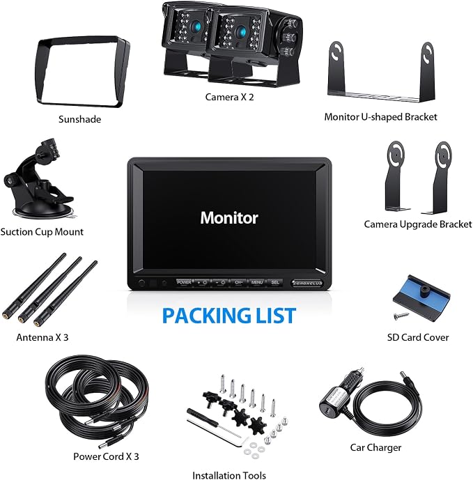 Wireless Backup Camera System Kit, HD 1080P 7 Inch Monitor, IR Night Vision, No Interference Record, IP69 Waterproof Rear View Camera for RV/Truck/Trailer/Van/Bus-ZEROXCLUB SW02
