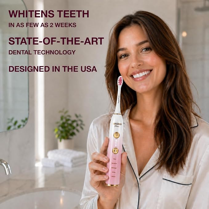 Wagner Stern WHITEN+ Electric Toothbrush, 48,000 VPM, Pressure Sensor, 5 Modes, 8 Brush Heads, Travel Case