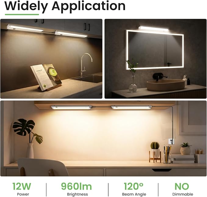 ALUSSO Under Cabinet Lighting, 18 Inch Linkable LED Under Cabinet Lights with Plug, 150° Swivel Light Bar, 3 Color Temperatures (3000K/4000K/6500K), 12W 960Lumen, for Kitchen Counter, Closet - 2 Pack
