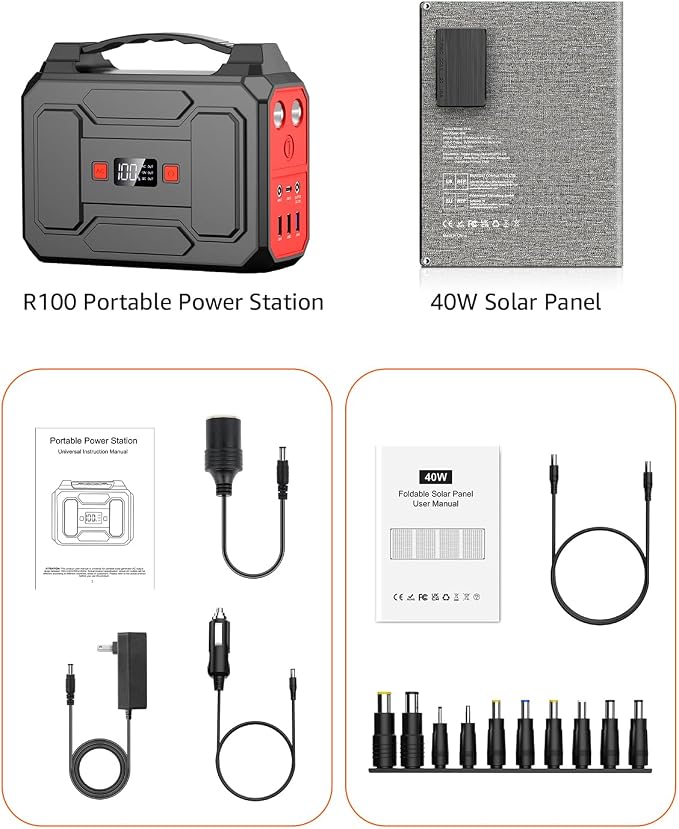 Solar Powered Generator 200W Peak/100W Rated, Portable Solar Generator Power Station with Solar Panels 40W Included, 146Wh Solar Power Bank with AC Outlet 110V for Home Use Camping Outdoor Adventure