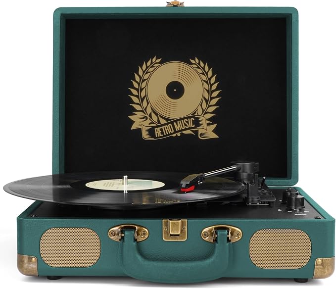 Vinyl Record Player Bluetooth Turntable 3-Speed Suitcase Portable Vintage Belt-Driven Record Player with Built-in Speakers RCA Line Out AUX in Headphone Jack Hunter Green