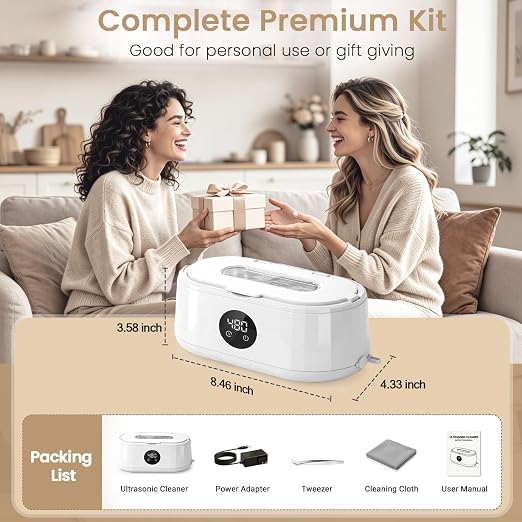 Ultrasonic Jewelry Cleaner, 50kHz Ultrasonic Cleaner Machine for Jewelry, Eyeglass, Retainers,Watch Strap, Rings,420ml 304 Stainless Steel Tank, 5 Timer Modes & LED Digital Display (White)