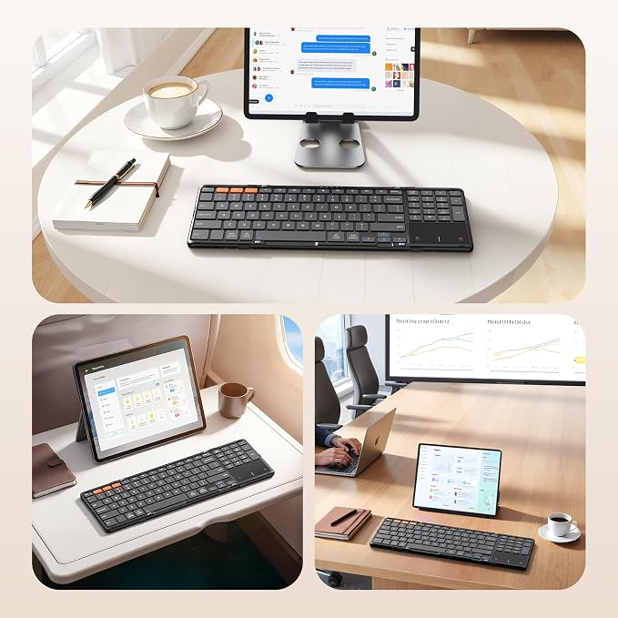 MEETION Bluetooth Foldable Keyboard with Touchpad & Numeric Keypad, Wireless Folding Keyboard, Portable Multi-Device Keyboards, Full-Size Travel Business Design for Windows Mac iOS Android iPad Tablet