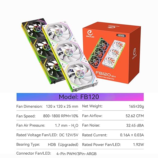 FB120 3 Pack 120mm ARGB PC Cooling Fans - Infinite Mirror Design, 16.8M Colors & Remote, PWM Speed Control, High Airflow, Wireless Splicing/Daisy-Chain, Quiet Case Fans for Gaming PC Build