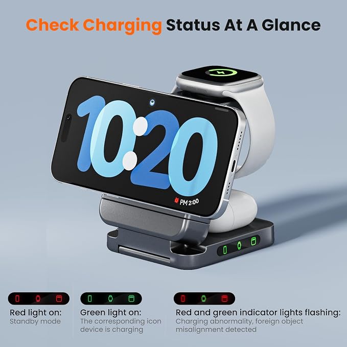 Wireless Charger 3 in 1, Foldable Charging Station for Apple Samsung Multi Devices Charging, Magnetic Charging Stand, Portable Travel Fast 15W Charger Station for iPhone, TWS, iWatch (Dark Gray)