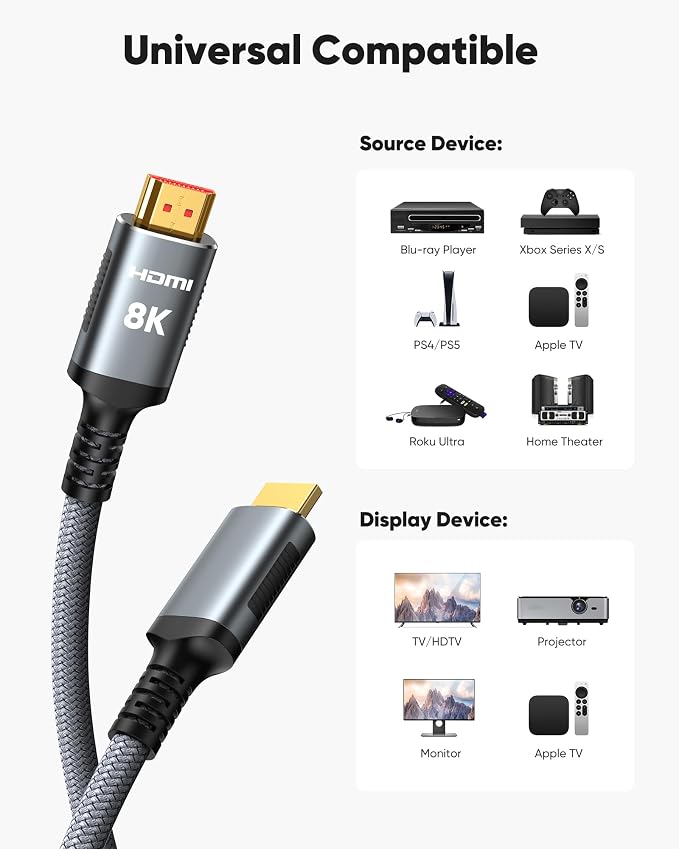 Snowkids 8K HDMI Cable 10 FT Grey, 48Gbps Ultra High-Speed HDMI 2.1 Cables Cord, 10K 8K@60Hz, 4K@120Hz Compatible for TV/Laptop/Monitor/PS-5/X-box/Projector/Entertainment, Sound System & More