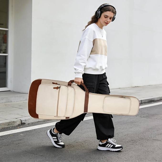 Electric Guitar Bag 0.5 Inch Padding Electric Guitar Case, Electric Guitar Gig Bag Backpack with Neck Strap and 4 Pockets, White
