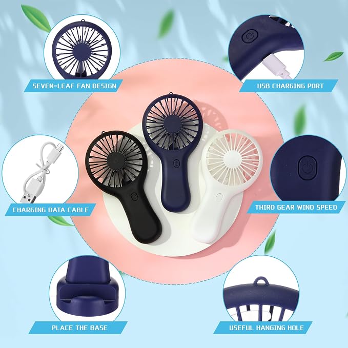 Woanger 12 Pcs Mini Handheld Fan Bulk 3 Speed USB Electric Battery Operated Small Portable Pocket Fan with Data Cable and Mounting Base Quiet Summer Gift for Wedding Camping Travel(Black White Blue)