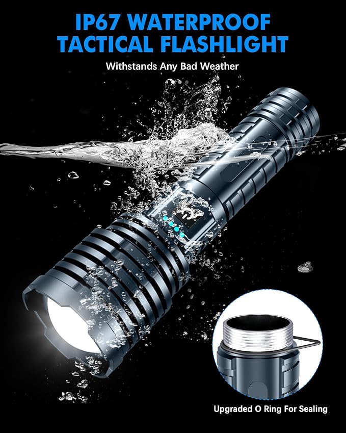 Super Bright Rechargeable LED Flashlights 2500,000High Lumens,Powerful Tactical Flashlight Up to 25H Long Battery Life|Zoomable|5Light Modes|IP67 Waterproof,Flashlights High Lumens for Camping (Grey)