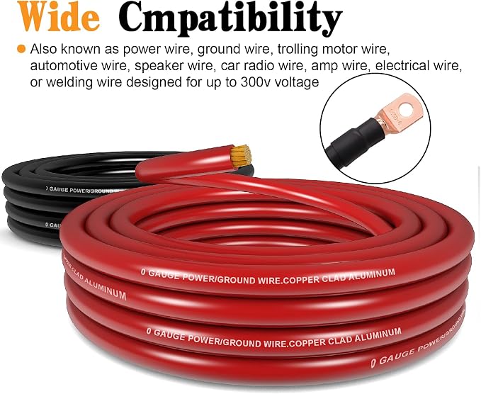 1/0 Gauge Battery Cable Wire Copper Clad Aluminum CCA Amp Wiring Kit 40FT Black/Red for Automotive Power Ground,Car Audio Speaker,Inverter Truck with 10FT Cable Cutter Lug Terminal Heat Shrink Tube