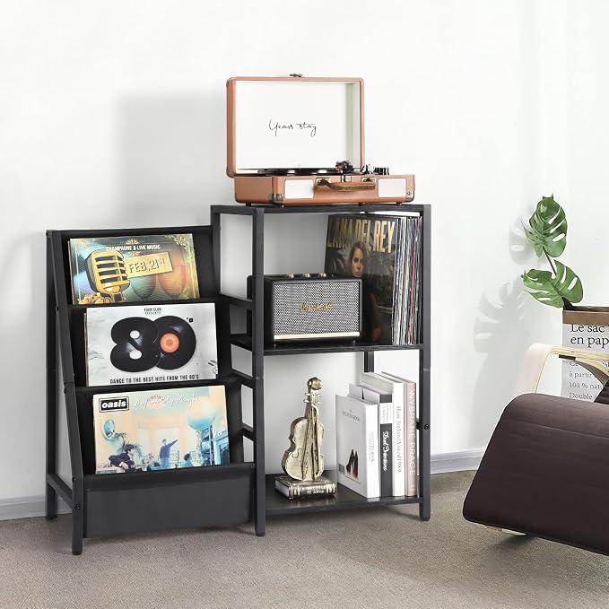 Bikoney Record Player Stand, Turntable Stand with 3-Tier Vinyl Record Storage, Record Player Table Up to 200 Albums, End Table for Records, Vinyl Record Holder