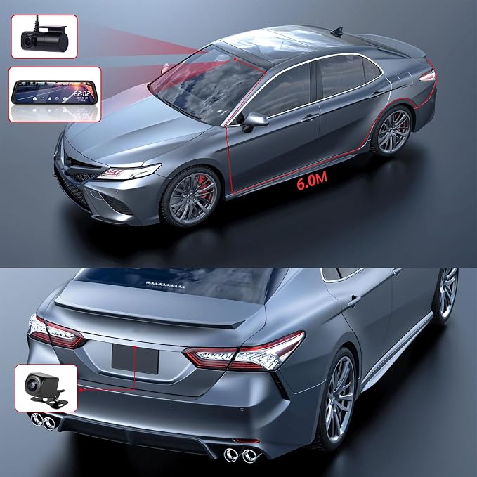 3 Channel 9.66'' WiFi Mirror Dash Cam with Front and Rear Camera IPS Touch Screen,Triple Rear View Mirror Camera with App Recording,64GB TF Card,Loop Recording,Night Vision, G-Sensor Parking Monitor