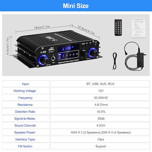 Stereo Audio Amplifier for Home Speakers S-288 Bluetooth 5.0 HiFi Mini Audio Component Amplifiers Receiver 4.0CH RMS 40Wx4 Max. 600W Integrated Power Amp W/USB,FM,Adapter