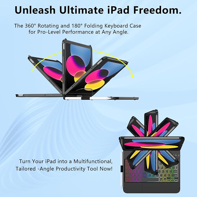 Touch Keyboard Case for iPad A16 11th Generation 2025/10th Generation 10.9 inch 2022,360° Rotatable for iPad 11th Generation Case with Keyboard- 7 Color Backlight Keyboard Case with Pencil Holder