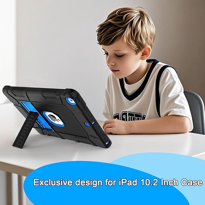 Rantice Military-Grade Tested Case for iPad 10.2" 9th/8th/7th Gen, Shockproof Protective Cover with Stand & Child-Safe Design (Black+Blue)