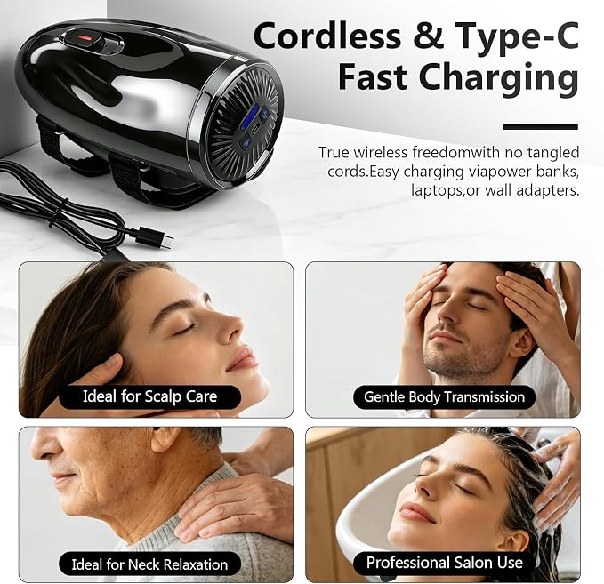 Professional Handheld Palm Massager with Adjustable Straps, 5 Modes, 2600mAh USB Rechargeable Vibrating Massager for Barber Salon, Neck & Scalp Care(Black)