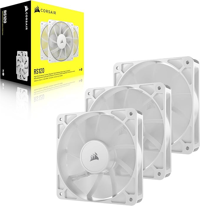CORSAIR RS120 120mm PWM Fans – Daisy-Chain Connection – Low-Noise – Magnetic Dome Bearing – Triple Pack – White