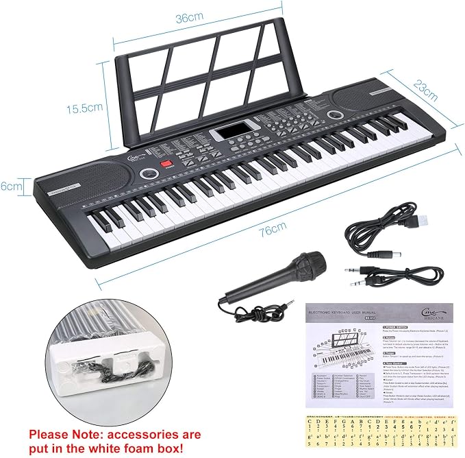 Piano Keyboard, 61 Keys Beginner Electronic Keyboard Portable Digital Music Keyboard, Early Education Music Instrument with Microphone & Music Sheet Stand