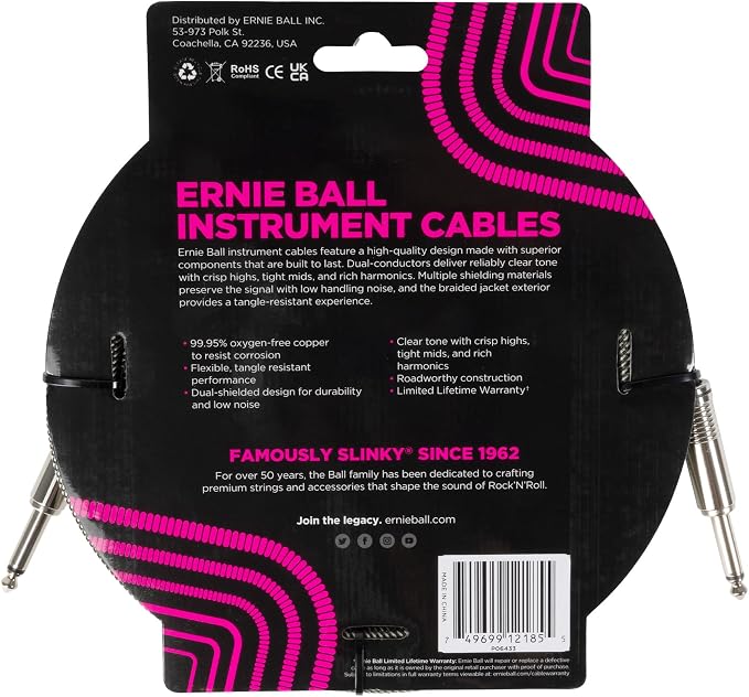 Ernie Ball Braided Instrument Cable Straight/Straight 18ft - Silver Fox (P06433)