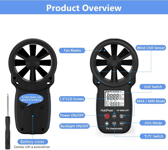 HoldPeak Handheld Anemometer Bluetooth, Digital Wind Speed Gauge Meter, Air Flow Velocity Temperature CFM Measuring Device for HVAC Outdoor Sailing Shooting Golf, 866B-APP