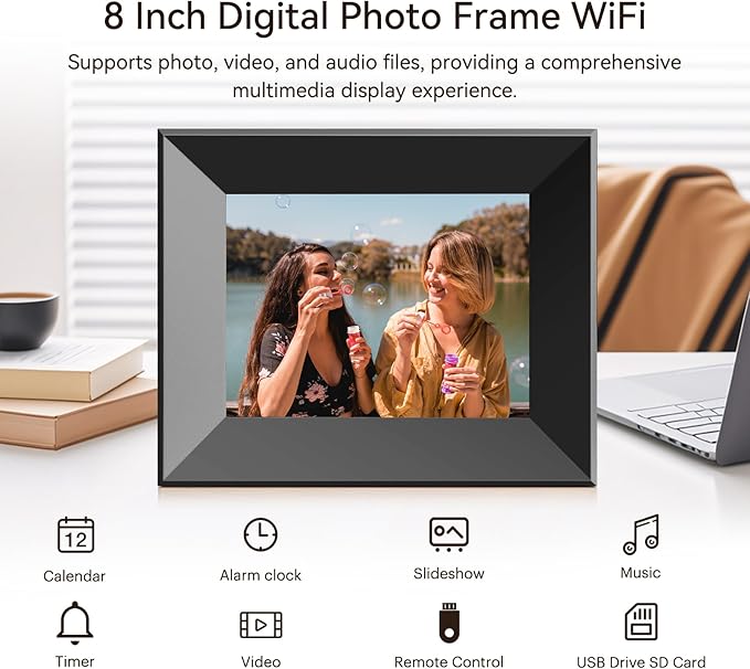 8-Inch Digital Picture Frame with WiFi, Wood Finish Smart Photo Frame HD IPS Touch Screen with 16GB Storage β Easy Photo & Video Sharing from Anywhere β Ideal Gift for Family, Black