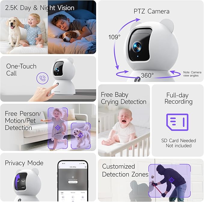 2.5K Pet Camera Indoor with Phone App, Dog/Cat Camera | 4MP Indoor Camera for Home Security, Baby Monitor with Free AI Person/Pet/Cry Detection, Pan Tilt 2.4GHz WiFi, Full Duplex 2-Way Audio