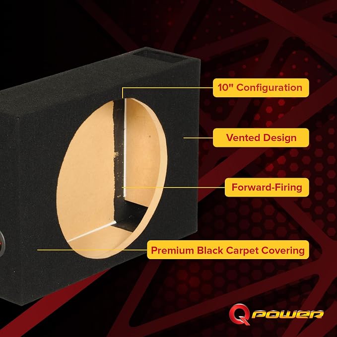 QPower Single 10-Inch Vented Subwoofer Box, Features 0.53 Cubic Feet of Airspace, Solid 5/8-Inch MDF Construction