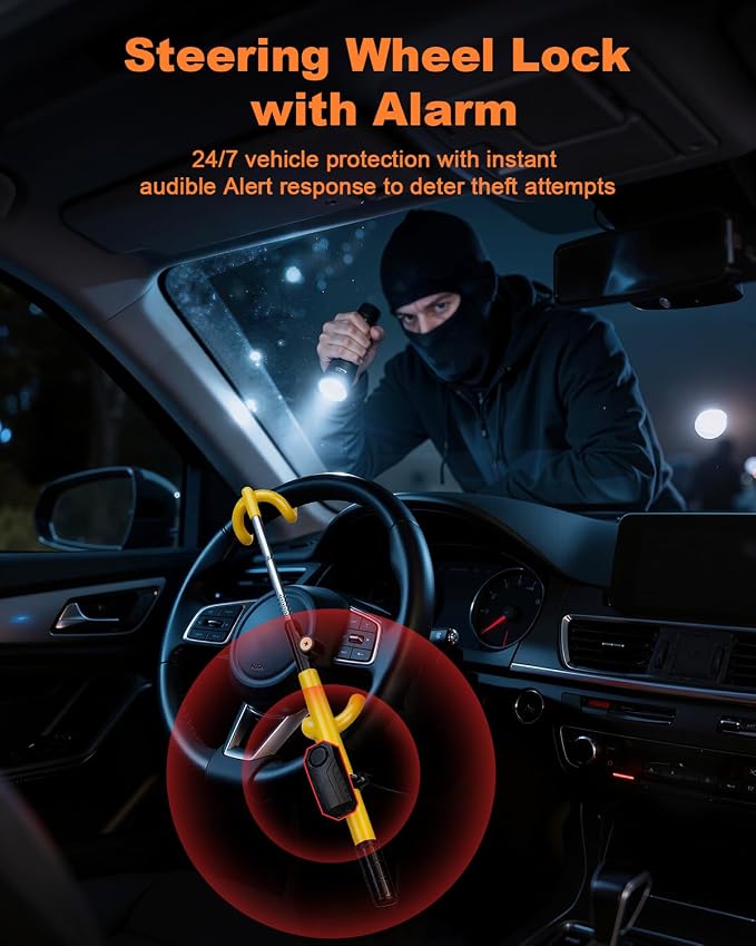 ELECTOP Steering Wheel Lock with Alarm 113db Anti Theft Car Device Double Hooks Car Lock with Adjustable Locking and 2 Key Car Alarm System with Motion Sensor Universal Fit for Vehicle Truck Van SUV