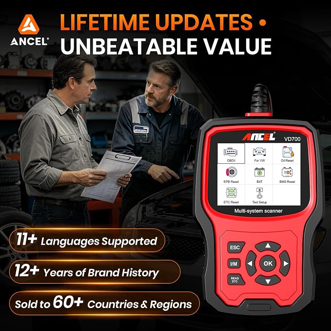 ANCEL VD700 OBD2 Diagnostic Code Reader Scan Tool Fit for Volkswagen Audi VW Skoda Seat, All Functions OBD11 Scanner for VAG Vehicles with Battery Registration EPB Reset (Upgraded VD500)