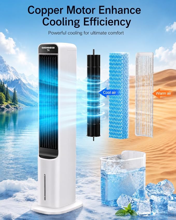 Uthfy 41 Inch Portable Air Conditioners, 3-in-1 Swamp Cooler Air Conditioner with 120° Oscillation, 4 Modes, 3 Speeds,4L Water Tank,4 Ice Packs, Cooling Fans that Blow Cold Air with Remote