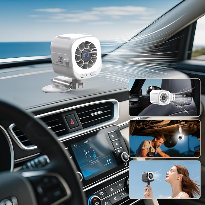 Portable Fan Handheld Turbo Fan Desk Fan Car Fan with 3 Level Adjustable Lighting Rechargeable Fan with Magnetic Clip on Fan Stroller Fan Golf Car Fan Personal Cooling Gifts (White)