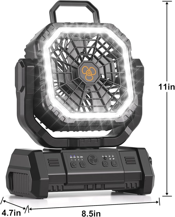 Portable Rechargeable Fan 20000mAh, Battery Powered Camping Fan with LED Light& Remote,4 Speeds Wind,USB,Cordless,Oscillating,Timer for Travel Tent,Rv Camping Essentials (Black)