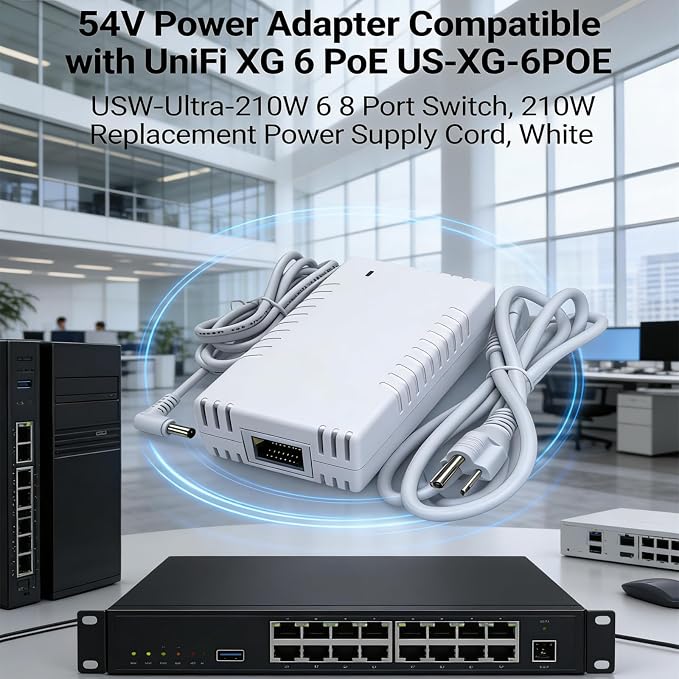 uacc-adapter-ac-210w 54v Power Supply Adapter 210W Compatible with Ubiquiti Ultra (USW-Ultra-210W), USW-Pro-Max-16-PoE (180W) Pro Max 16 PoE, and Flex 2.5G PoE (USW-Flex-2.5G-8-PoE) Models