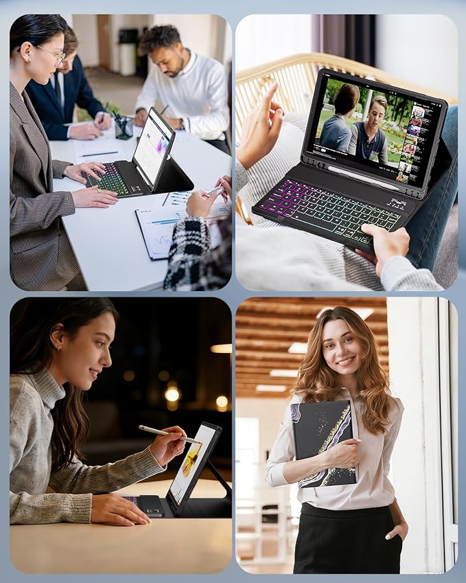 Keyboard Case for Samsung Galaxy Tab A11 Plus 11 Inch 2025/ A9+ Plus 2023 Tablet, Detachable Rainbow Backlit Wireless Keyboard and Mouse, Slim Stand Cover with S Pen Holder (Black Marble)