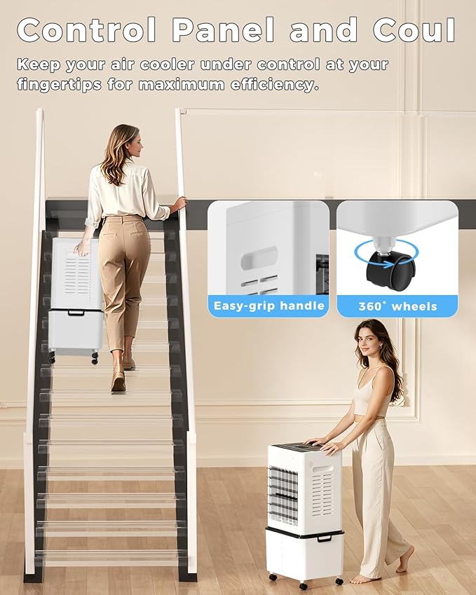 Evaporative Air Cooler Fan, Small Swamp Cooler Fan with 12L Removable Water Tank, 6 Speeds, Cooling Spray Modes & Lights, Remote, 24H Timer for Bedroom, Office & Living Room