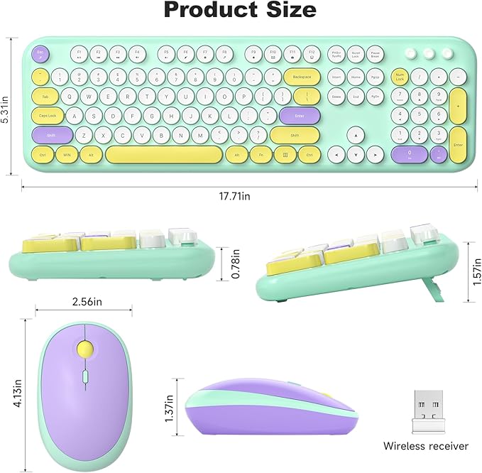 MOFII Wireless Keyboard and Mouse Combo, Full-Size Retro Typewriter-Style Wireless Keyboard with Optical Mouse for Computer/Laptop/Windows/Mac (Mint Colorful)