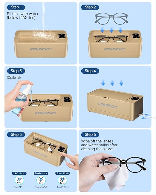 GENSROCK Ultrasonic Jewelry Cleaner, 48kHz Sonic Cleaner, 3 Modes Deep Cleaning, 360ML Food Grade Tank, 45dB Quiet, for Jewelry, Rings, Gold, Silver, Glasses, Dentures(Rose Gold)
