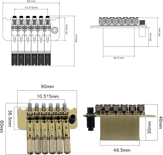 10.5mm Headless Electric Guitar Bridge Gold Brass Block Saddle Hardened Steel Plate 2 point tremolo bridge for 6 String Headless Electric Guitar Replacement parts