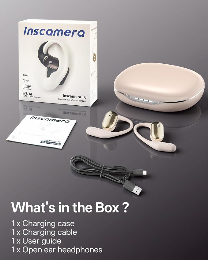 Open Ear Headphones, Over Ear Earbuds with Ear Hooks, True Wireless Bluetooth 6.0 Earphones with Mics, Stereo Sound, Ultra-Comfort, 60H Playtime, IPX7 Waterproof Ear Buds for Running Workout