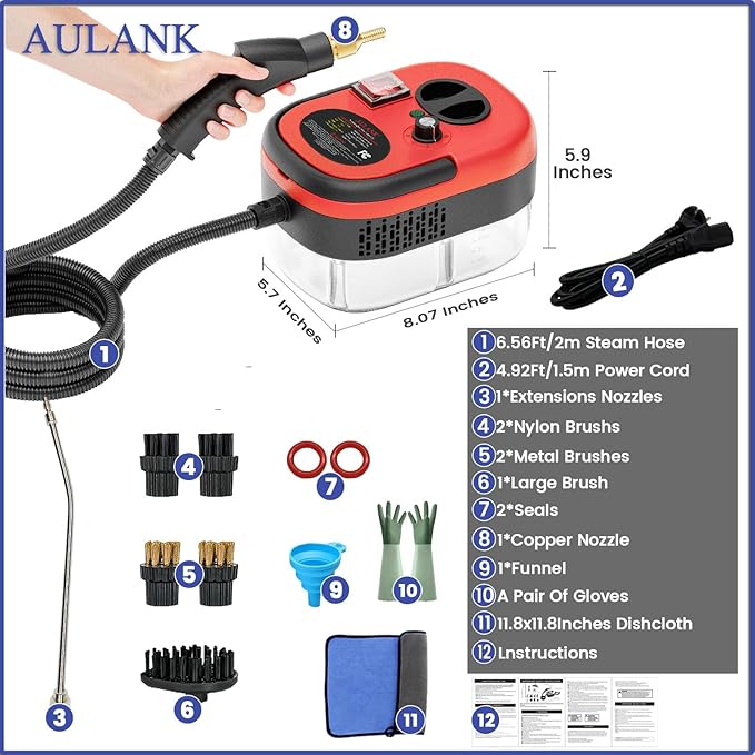 Steam Cleaner, Portable Pressurized Steamer for Cleaning with 14pcs Accessories, 6-Level Adjustable and 15s Heat-Up, Handheld Steam Cleaner for Home, Tile, Dirt, Grout, Grease, Car Detailing(Red)