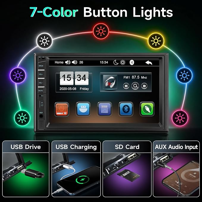Naifay Car Stereo Double Din Radio with Bluetooth, Car Radio Touchscreen 7 Inch MP5 Player Car Stereo with Backup Camera Bluetooth, Mirror Link, FM/SWC/USB/SD/AUX, Car Audio Receivers with Subwoofer