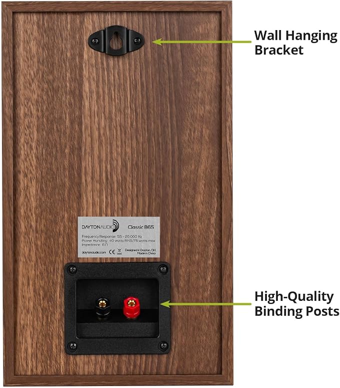 Dayton Audio Classic B65 Bookshelf Speakers, 6.5" Woofer & 1" Tweeter, Passive 2-Way Design, 60W RMS, for Music, TV & Home Audio Systems – Wood