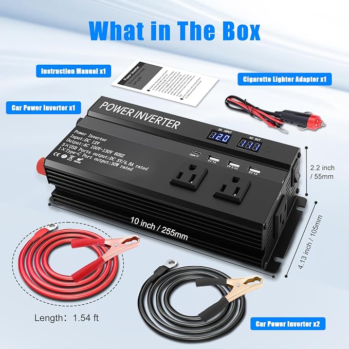 1200W Peak Power Inverter, Inverter 12v to 110v with Fast Charging 2.4A USB、Type-c and 3 AC Outlets Ideal,Power Converter Car for Road Trips, Camping, Rv, Truck, and Camping Power Needs