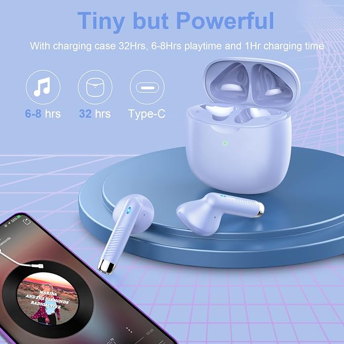 Jxrev Wireless Earbuds, Bluetooth 5.3 Headphones in Ear with Noise Cancelling Mic, Earbuds Stereo Bass, IP7 Waterproof Sports Earphones, 32H Playtime USB C Charging Buds White for Android iOS Purple