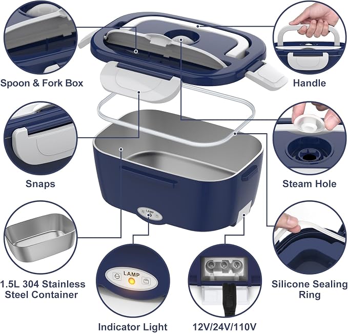WisaKey Electric Lunch Box for Men/Women 80W Heated Lunch Box for Adults, 12V 24V 110V 220V Portable Food Warmer LunchBox Lonchera Eléctrica Portátil Gifts Fathers Day for Dad Husband Men