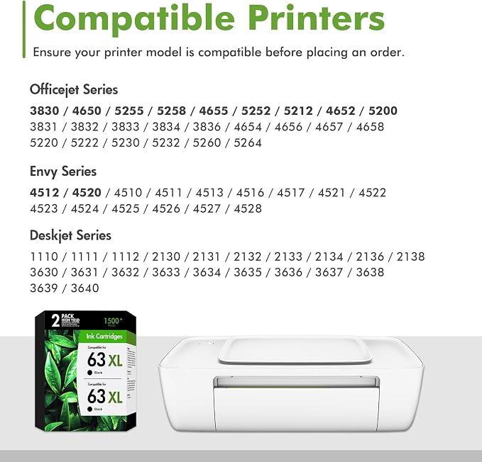 63XL 63 Black Ink Cartridges Replacement for HP63 XL Black Ink Work for HP Envy 4520 Officejet 3830 4650 5255 5258 5200 4655 Envy 4512 Deskjet 1112 2130 3630 Printer High Yield Black 2-Pack